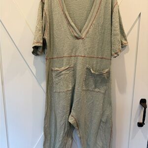 Green V-Neck Jumpsuit with Pockets